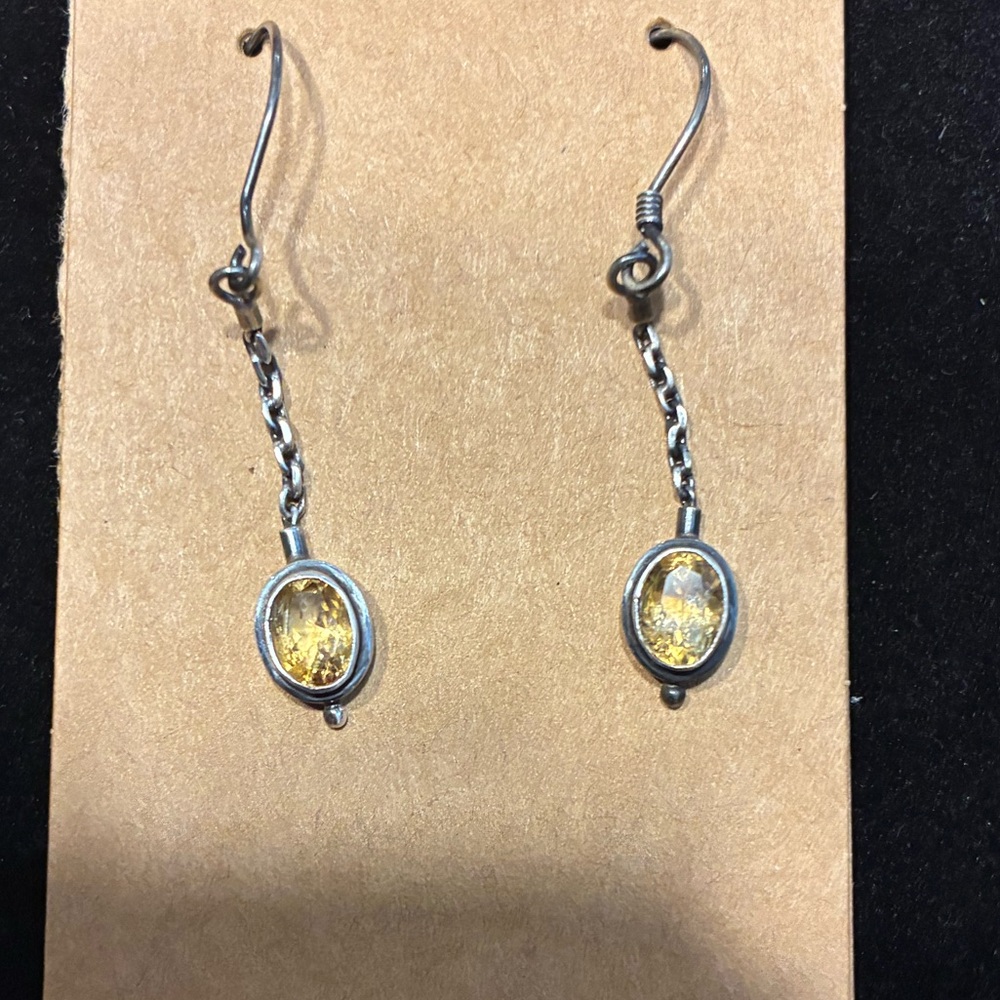 EUC 925  Silver and Gold/Yellow  stone  Dangle Earrings